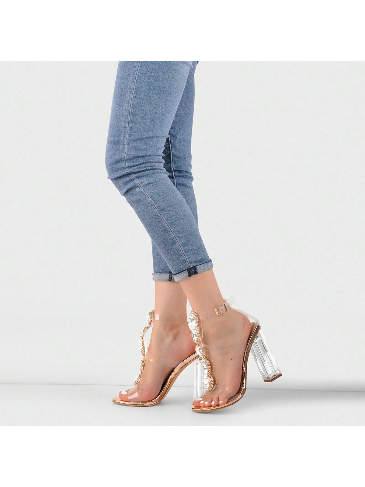 Women'S Clear Chunky Heels Open Toe Strappy Bling Sandals