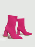 Women's Pink Pointed Toe Knitted Elastic Boots, High-Heeled, Chunky Heel, Mid-Calf, Ankle Booties