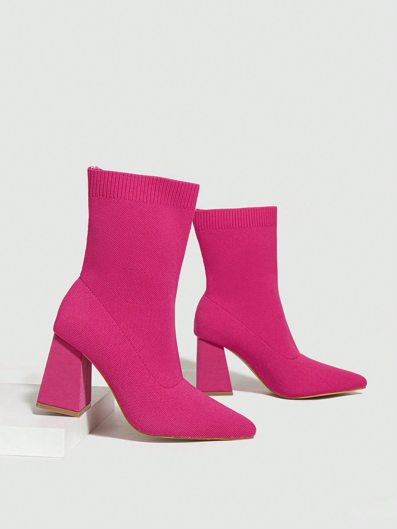 Women's Pink Pointed Toe Knitted Elastic Boots, High-Heeled, Chunky Heel, Mid-Calf, Ankle Booties