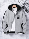 Tween Boys' Spring & Autumn Color-Block Hooded Jacket With Letter Print And Double Pockets