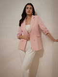 Light-Colored Commuter Blazer With Double-Breasted Design, Pleated Sleeves, Bright Buttons And Slim Fit Cut, 3/4 Sleeve Length