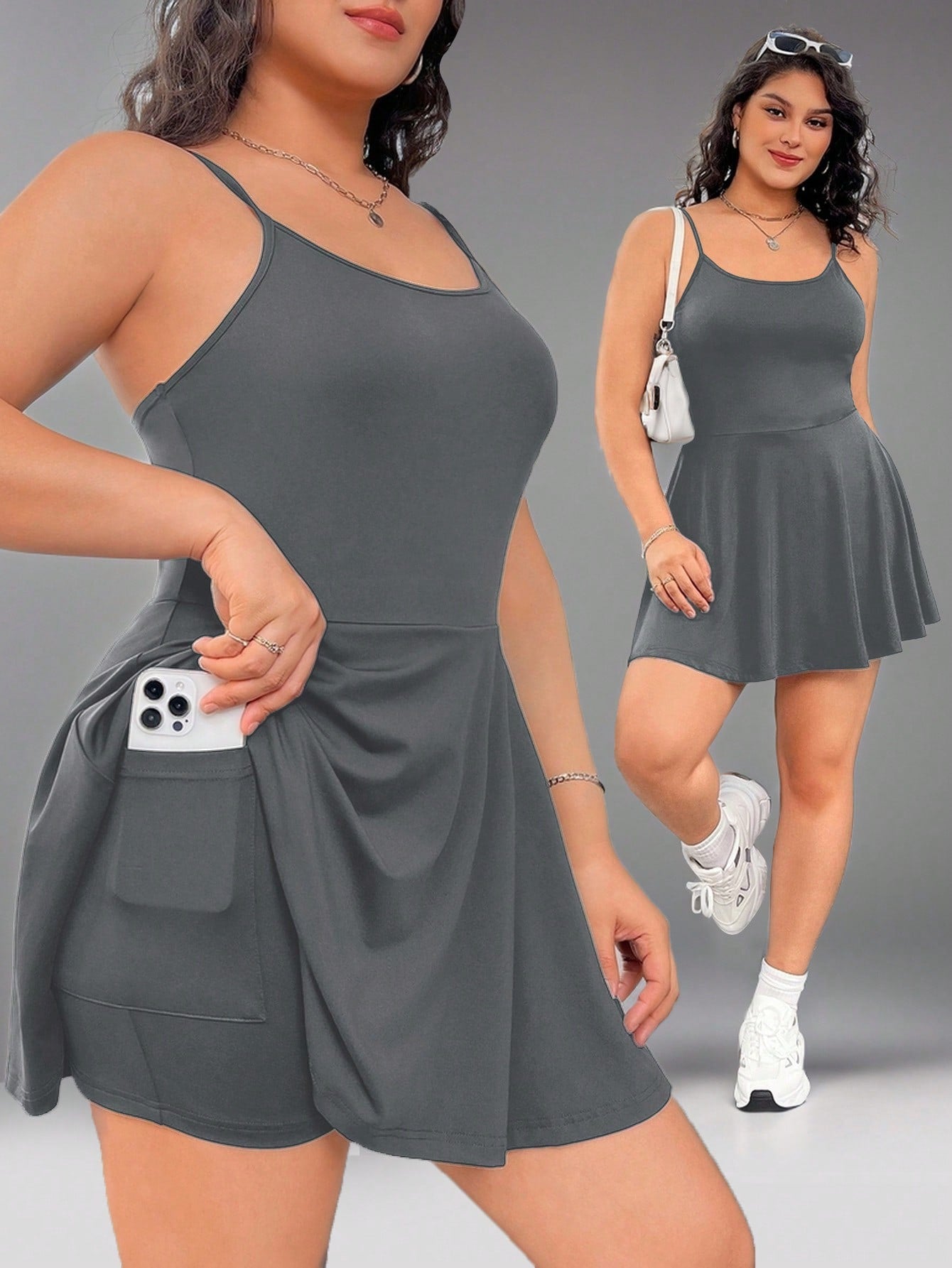 Plus Size Women's Black Sleeveless Jumpsuit For Summer, Autumn, Back-To-School, Campus, Outdoor Sports, Yoga, Casual, Daily Wear, Featuring A-Line Ruffle Hem, High Elasticity, Comfortable Fabric, Solid Color, With Pockets And Anti-Light Design