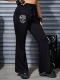 Punk Punk Style Skeleton Head And Star Cutout Skinny Flared Pants With Rhinestones, Plus Size