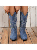 Embroidered  Fashion Mid-Calf Boots For Women, Comfortable Pointed Toe And Chunky Heel