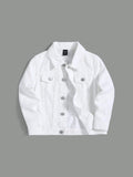 Young Boy White Fashion Casual Loose Comfortable Denim Long-Sleeved Jacket For Dailywear And Back To School Clothes