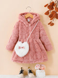 Young Girl Pink Heart Shaped Plush Zipper Hooded Jacket With Coordinated Bag Detailing