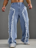 Men's Plus Size Loose Fit Wide-Legged Patched Denim Jeans With Frayed Hem, Casual And Versatile