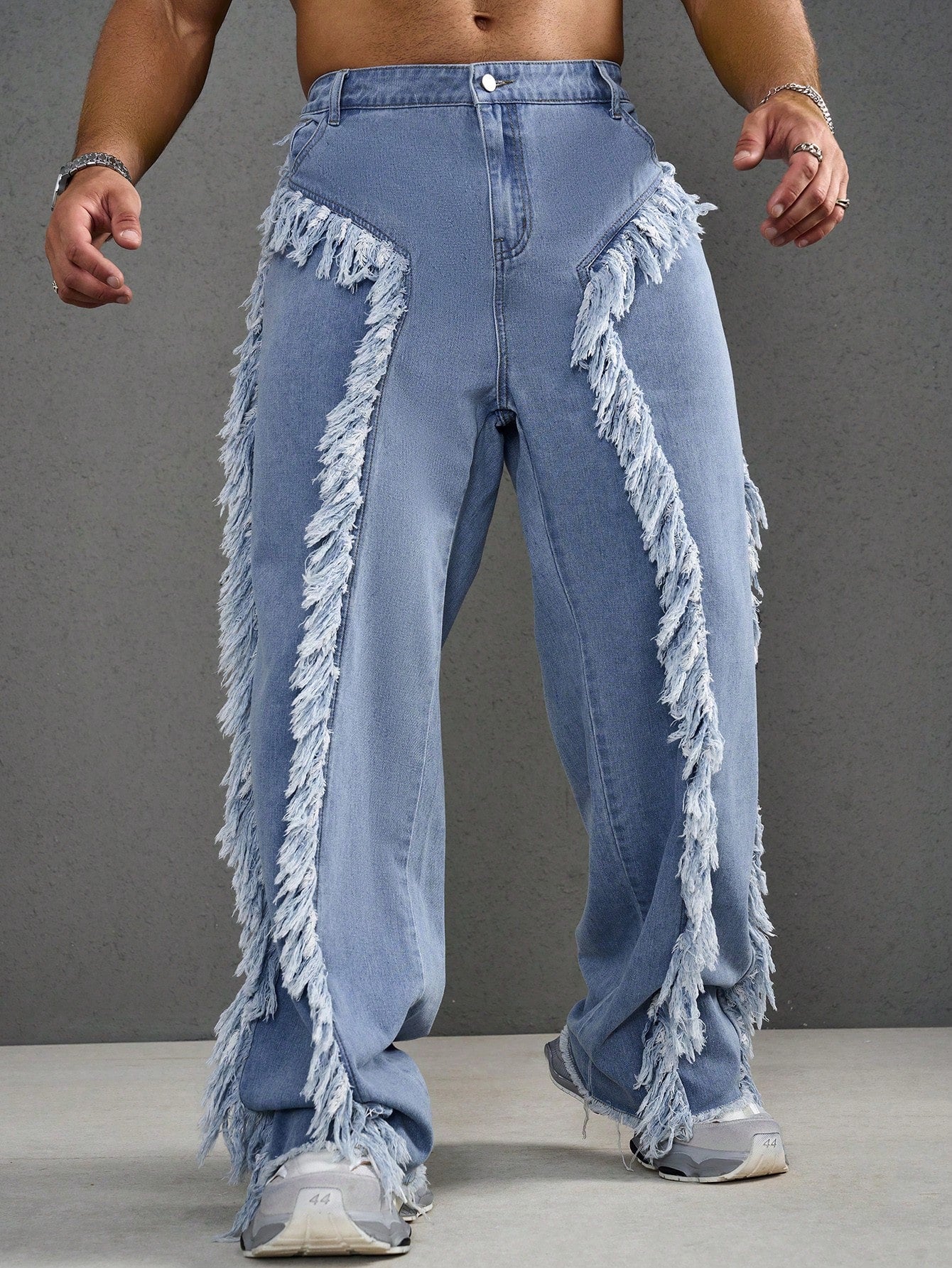 Men's Plus Size Loose Fit Wide-Legged Patched Denim Jeans With Frayed Hem, Casual And Versatile