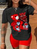 Women'S Fashionable Bear & Letter Print Short Sleeve Top And Shorts Set For Cycling