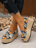 Women's Floral Print Round Toe Wedge Heel Slip-On Shoe, Fashionable Vacation Style Platform Shoe, Suitable For Daily And Outdoor Wear, High Waterproof Platform