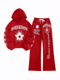 Coolane Letter And Star Printed Long Sleeve Hoodie And Drawstring Pants 2 Piece Set