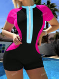 Bikinx Color Block Zipper Joint One-Piece Surfing Suit