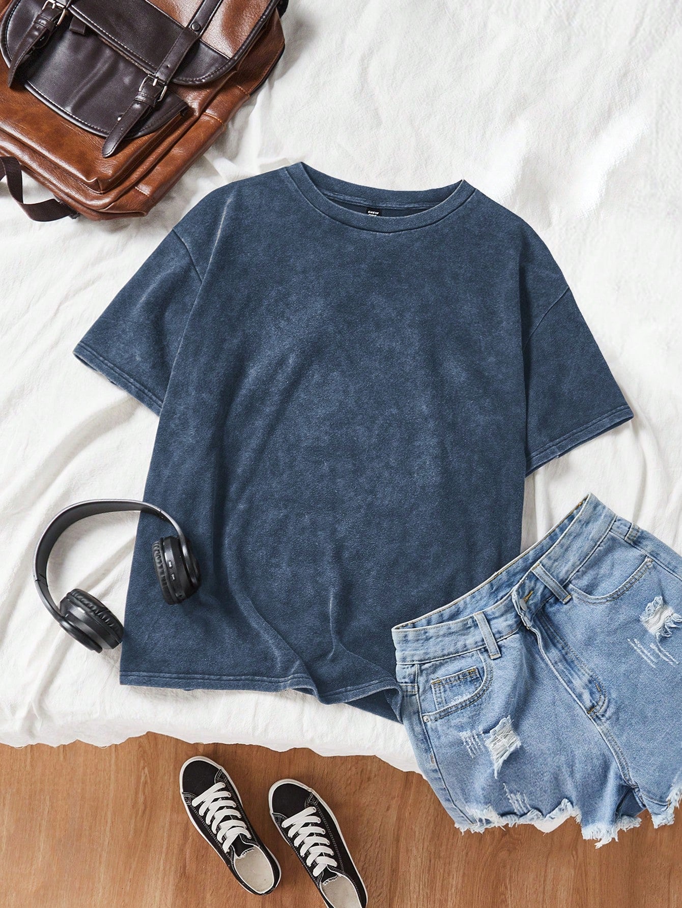 Plus Size Acid Washed Look Vintage Knitted Distressed Loose Fit Short Sleeve T-Shirt