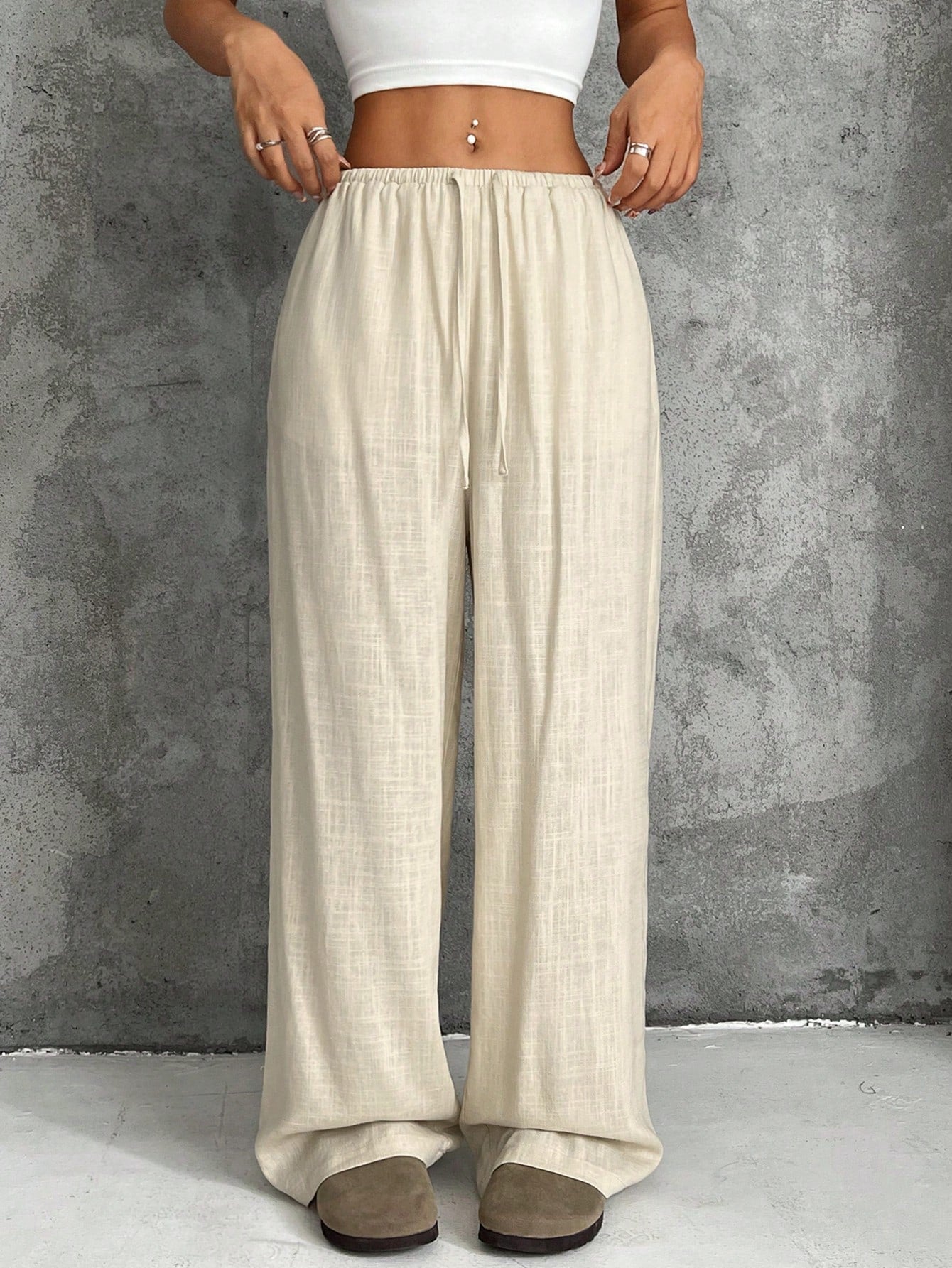 Women's Casual Apricot Colored Loose Wide-Legged Pants With Woven Drawstring Waist