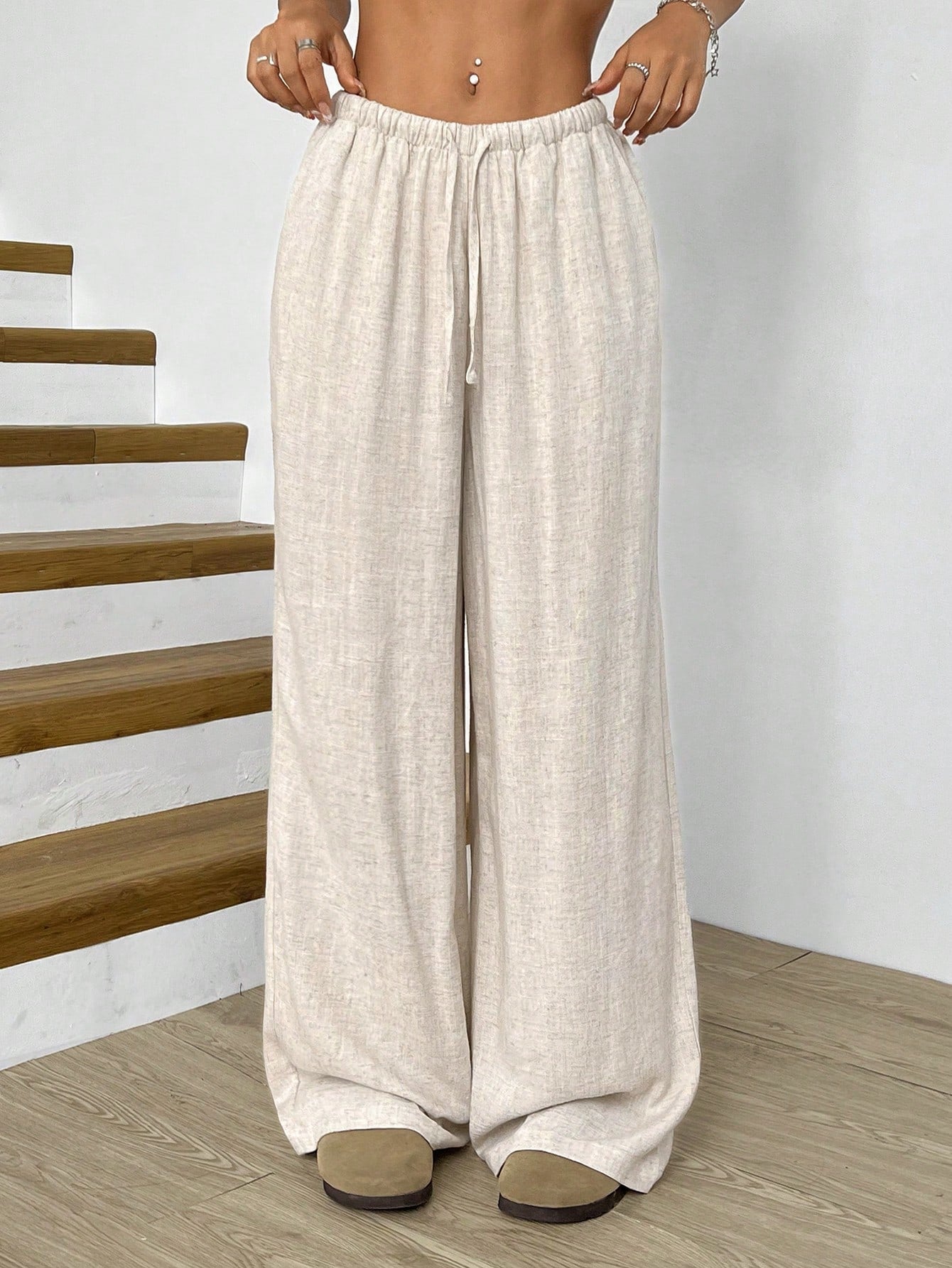 Apricot Woven Wide Leg Casual Pants For Women