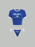 Ladies' Summer Flag And Letter Printed Round Neck Short Sleeve Crop Top And Thong Set, 2pcs