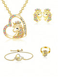 1pc/5pcs Beautiful Unicorn Jewelry Set, Inlaid With Rhinestones, Including One Necklace, One Bracelet, One Ring And One Pair Of Earrings, Suitable For Daily Wear