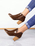 Women's Fashion Round Toe Crocodile Pattern High Heel Ankle Boots, 7cm Heel Height, Coffee PU Material, Suitable For Outdoor And Work