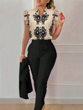 Women's Summer Casual Random Printed Cap Sleeve Shirt And Long Pants 2pcs Set