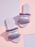 Lilac Suede Ball Fringe Decorated Bohemian Style Flat Sandals For Women,  & Vacation Style. Random Length And Quantity Of Fringe Balls.