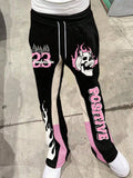 Black Streetwear Contrast Color Patchwork Skull Flame Printed Drawstring Sweatpants