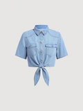 Teen Girl Blue Denim Shirt With Collar, Button Front, Tie Waist And Pockets