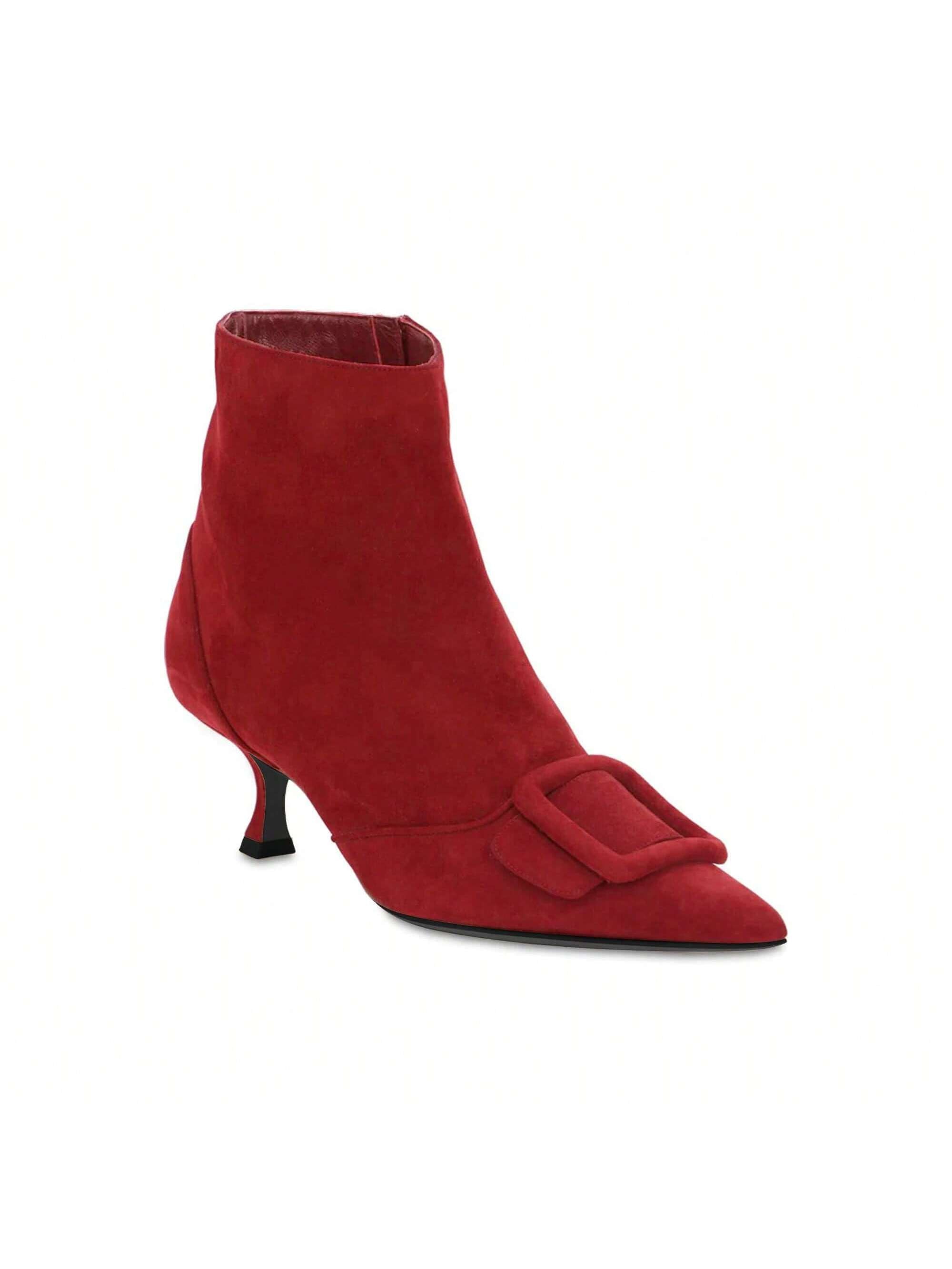 TINSTREE Women's Kitten Heel Ankle Boots Pointed Toe Side Zipper Square Buckle Winter Booties