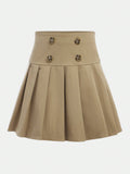 Tween Girl Casual High Waist Everyday Academy Style Woven Solid Color Pleated Skirt