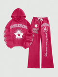 Coolane Women's Spring And Autumn Letter Star Printed Long Sleeve Hoodie And Pants 2pcs Casual Outfit