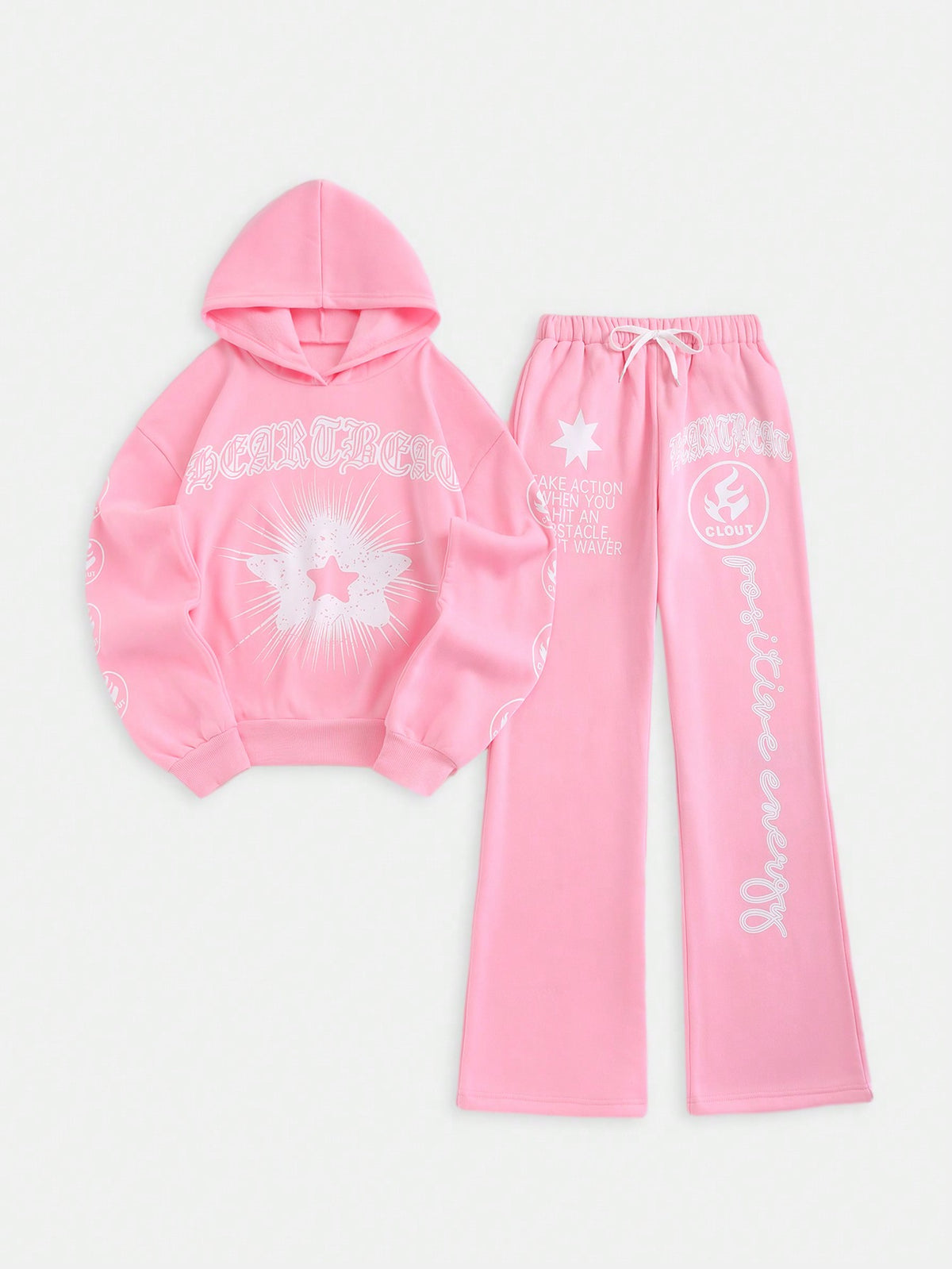 Coolane Star And Letter Printed Fleece Hoodie And Bell Bottom Pants Set