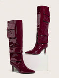 Party Vacation Style Fashionable Casual Pointed Toe Stiletto Heels With Pockets, Wine Red