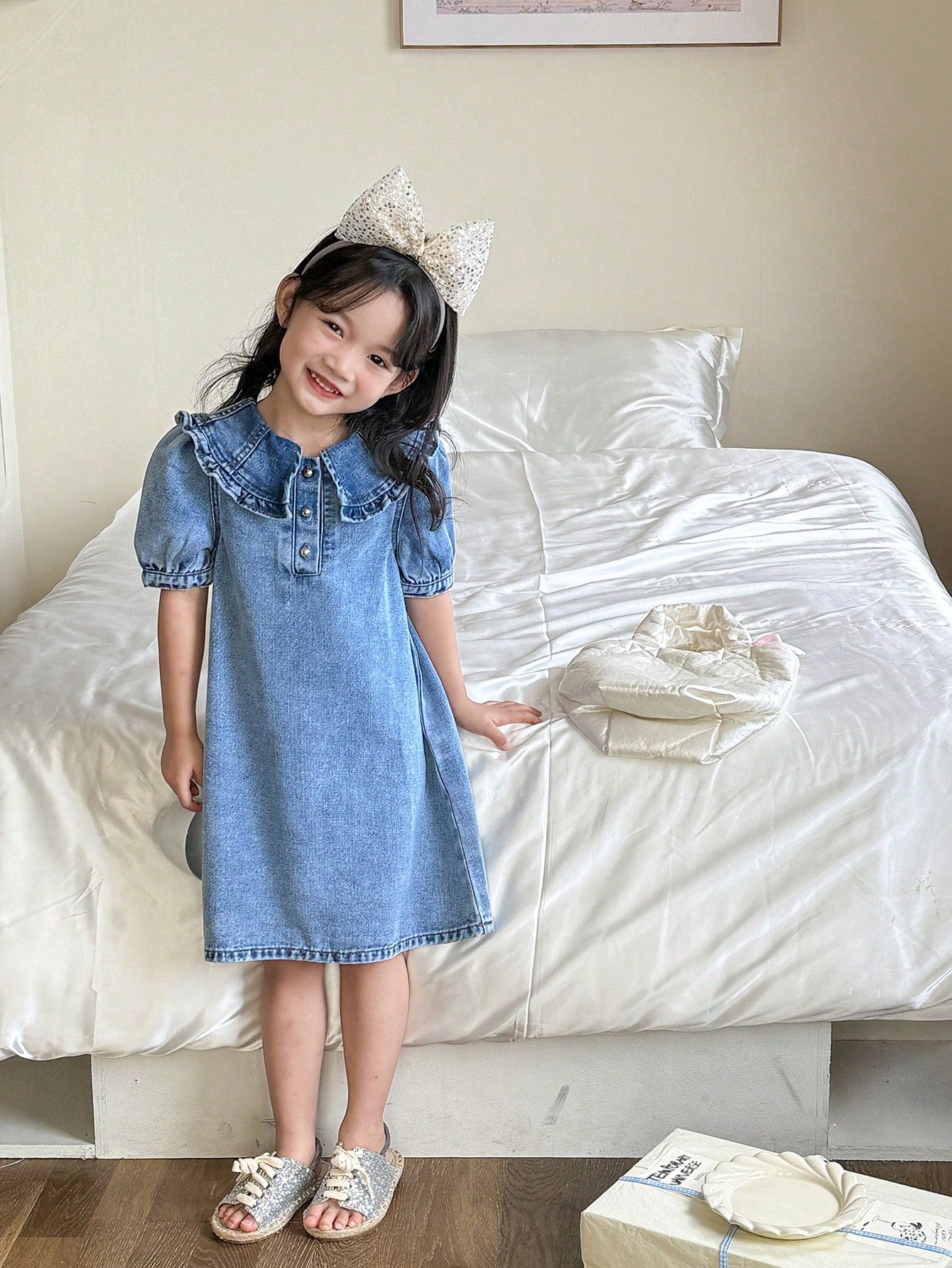 Kids YOUNG GIRL Preppy Cute Ruffled Collar Puff Sleeve A-Line Denim Dress