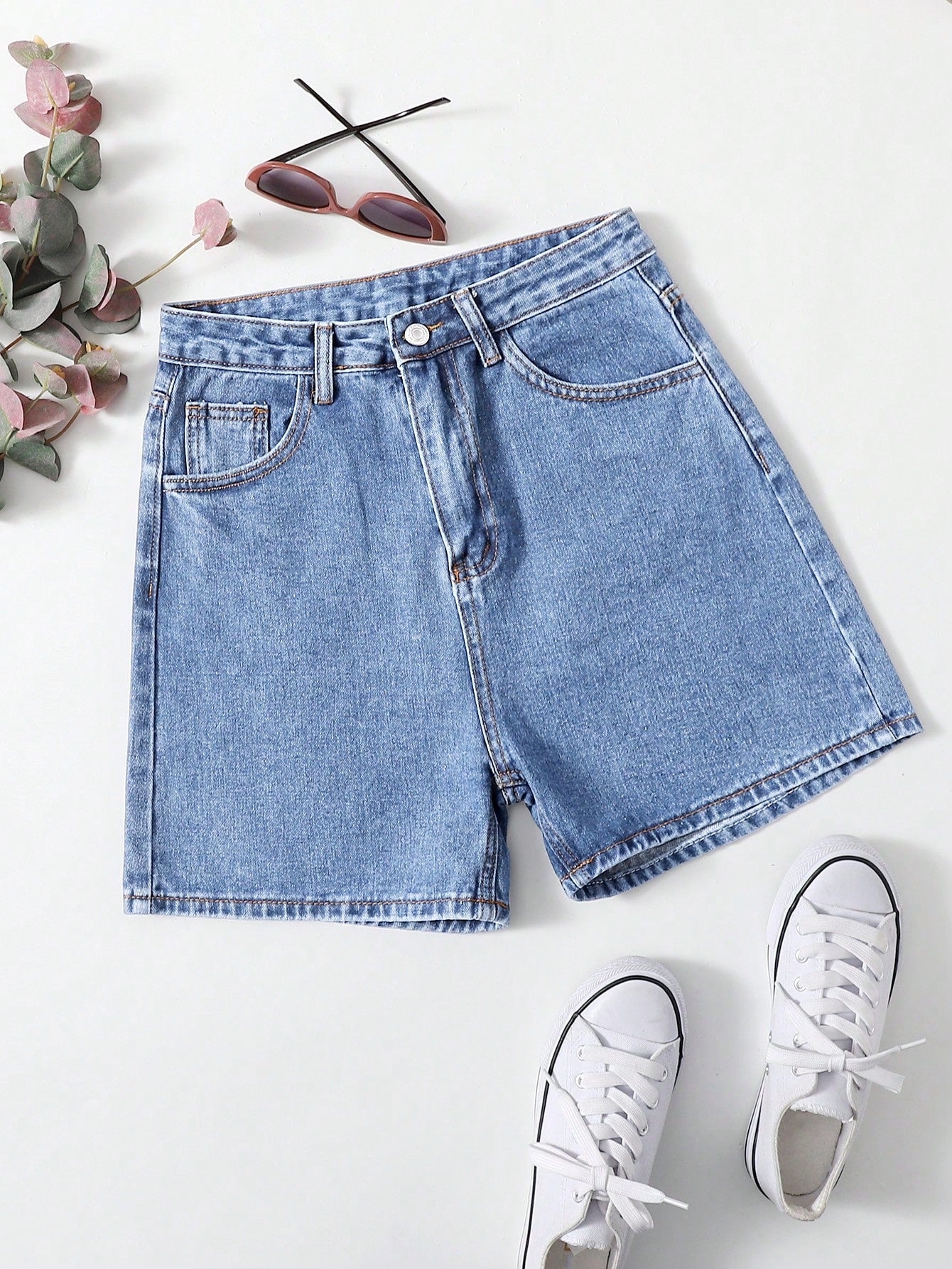 Button-Front Pocket Denim Shorts, Casual Wear