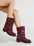 Buckle Decor Wide Tube Wine Red Ankle Leather Boots
