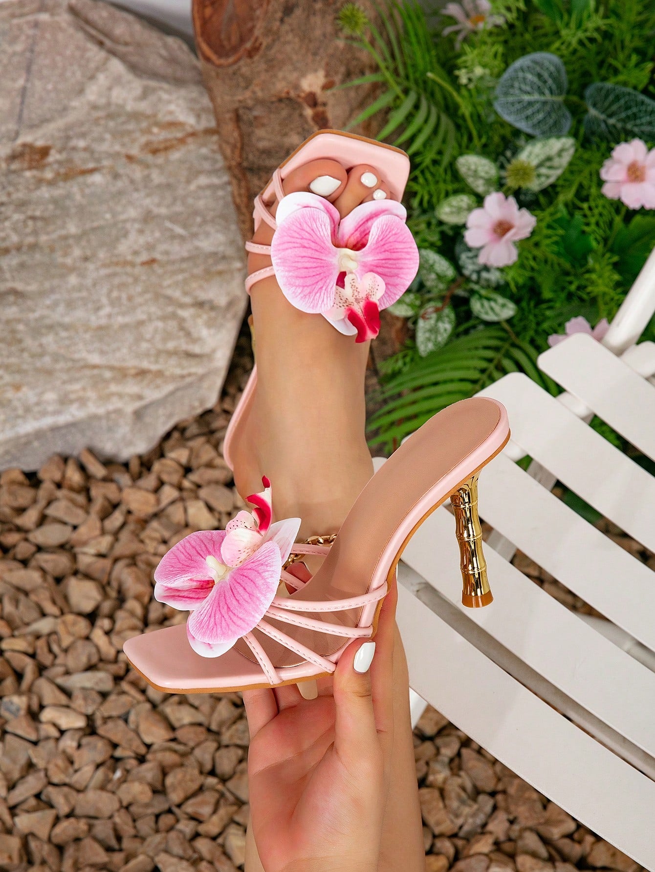 Summer New Style Open Toe High Heel Women's Slipper With Ankle Strap & Flower Decor