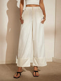 BIZwear Simple & Fashionable Solid Color High Waisted Wide-Legged, Loose-Fit Pants With Rolled Cuffs