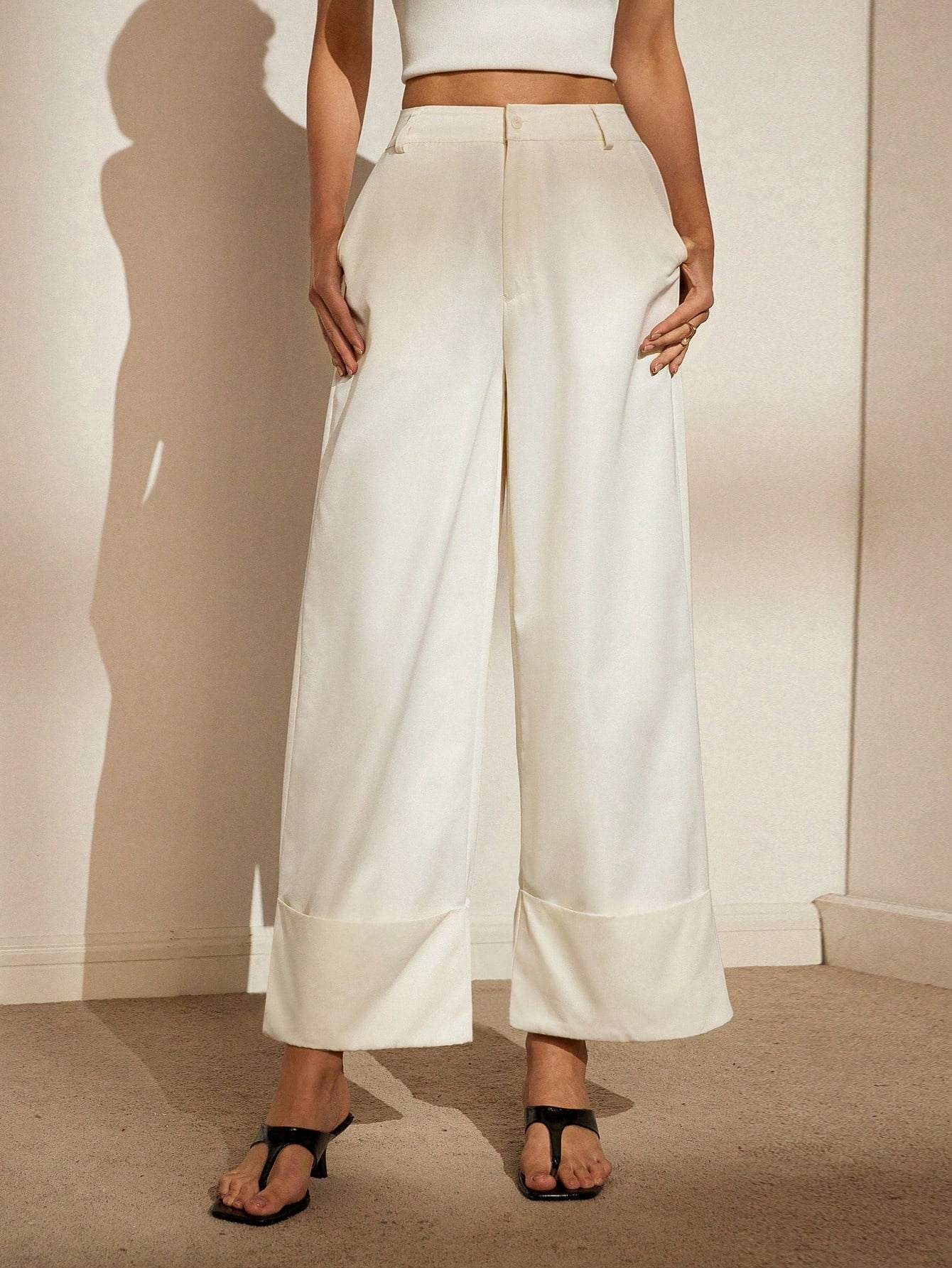 Simple & Fashionable Solid Color High Waisted Wide-Legged, Loose-Fit Pants With Rolled Cuffs
