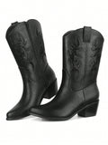 Wide Calf Cowboy Boots For Women Cowgirl Boots Chunky Heel Country Boots Pointed Toe Sparkly Glitter Mid Calf Boots, Pull-On Western Boots