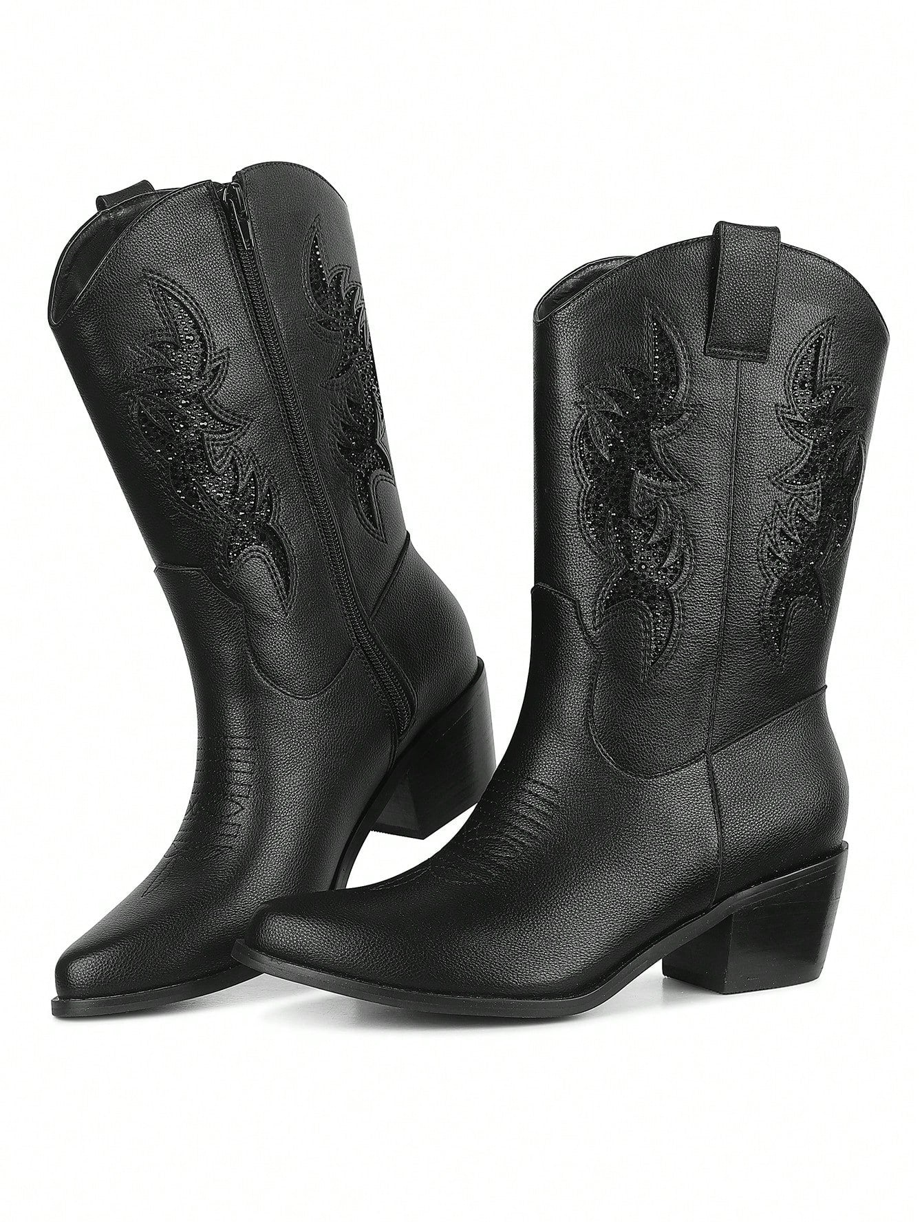 Wide Calf Cowboy Boots For Women Cowgirl Boots Chunky Heel Country Boots Pointed Toe Sparkly Glitter Mid Calf Boots, Pull-On Western Boots