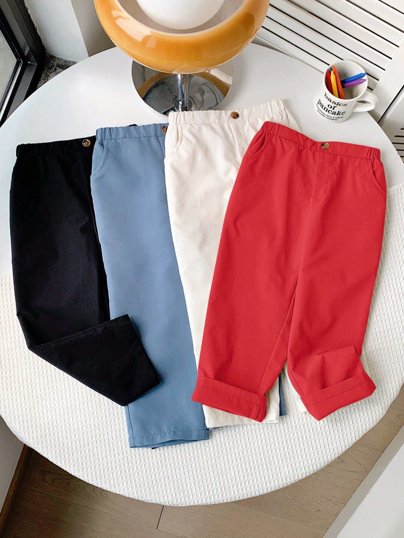4pcs/Set Young Boy Casual Academy Style Solid Color Button & Pockets Design Loose Comfortable Long Pants, Versatile For Outdoors, Vacations, Parties, School, Home Wear, Suitable For Spring And Summer