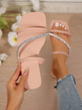 New Summer Fairy Style Flat Sandals For Women, Rhinestone Decorated Slipper With Toe Opening And Square Front Strap
