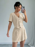 Solid Button Front Blazer & Shorts For Summer Vacation