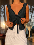 Lace Trim Tie Front Tank Top For Summer