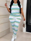 Round Neck Striped Printed Short Sleeve Top And Long Pants Set For Casual Summer Outfits (Random Cut Print)