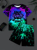 Tween Boy's Glow In The Dark Ink Splatter Game Controller Pattern Short Sleeve Shorts Pajama Set, Summer Casual Loose Homewear Set