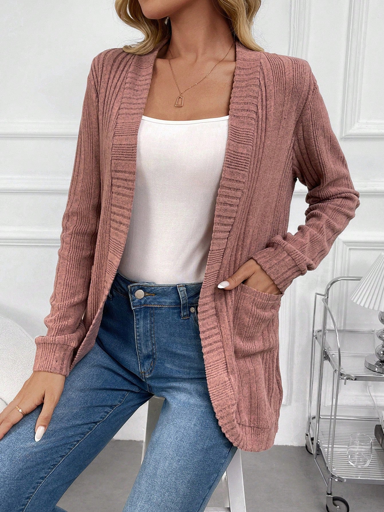 Women's Spring & Autumn Long Sleeve Ribbed Open Front Casual Regular Jacket