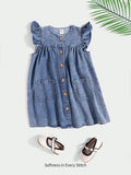 Cozy Cub Young Girls' Spring Summer Boho Trendy Beach Washed Flare Sleeve Patched Pocket Denim Summer Dress,Todder Girls Summer Clothes Outfits