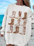 Vintage Boots Casual Simple Printed Round Neck Long Sleeve Loose Women's Sweatshirt