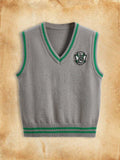 HARRY POTTER X Plus Slytherin Badge Logo Patched Classic Soft And Warm V-Neck Color Block Grey Sweater Vest, Suitable For Everyday Wear And Universal Studios Tour