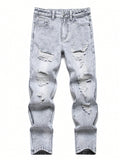 Teenager Boys' Distressed Gray Snowflake Print Slim Fit Year-Round Denim Jeans